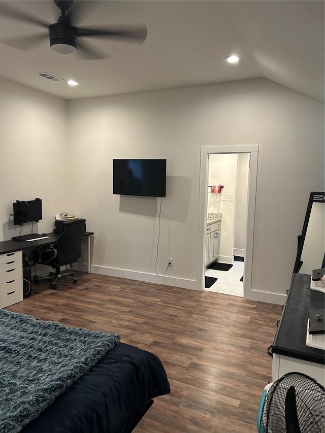 2631 Fish Tank Rd, Corsicana, TX 75110 - bedroom with wood finished floors, baseboards, an office area, lofted ceiling, and recessed lighting