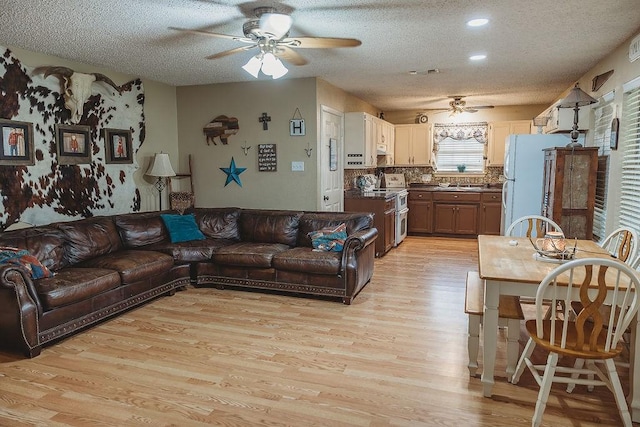 204 County Road 2211, Ivanhoe, TX 75447 - living room with a textured ceiling, light wood-style flooring, and a ceiling fan