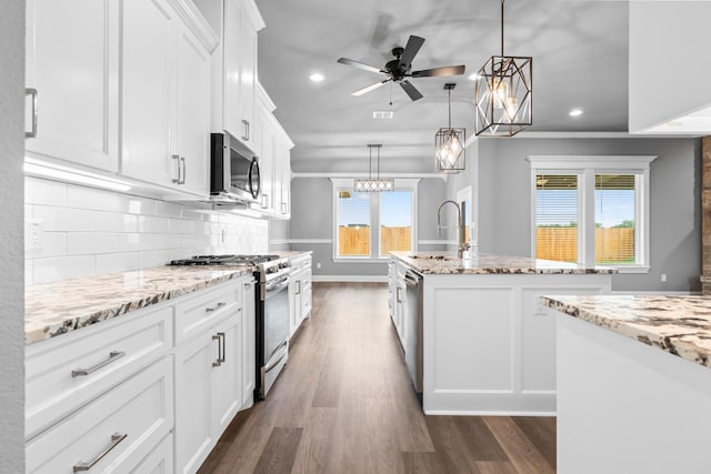 120 Water View Ln, Robinson, TX 76706 - kitchen with stainless steel appliances, dark wood-style flooring, a ceiling fan, and a sink