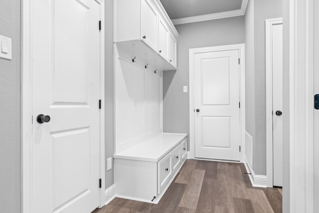 120 Water View Ln, Robinson, TX 76706 - mudroom featuring crown molding, baseboards, dark wood-type flooring, and visible vents