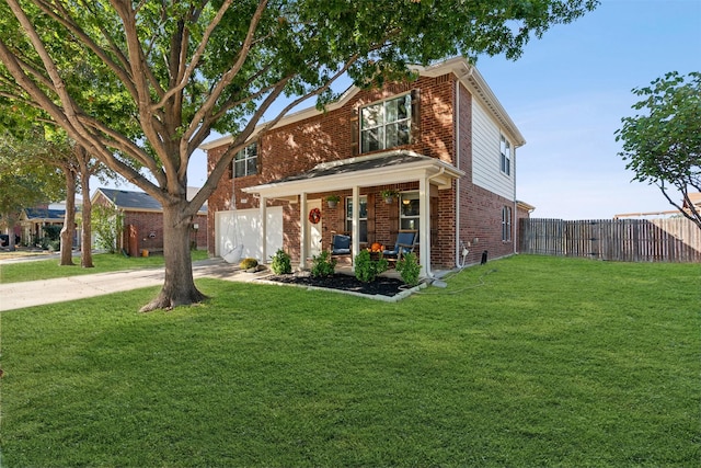 3600 Riesling Dr, Denton, TX 76226 - traditional-style home with brick siding, fence, a garage, covered porch, and a front yard