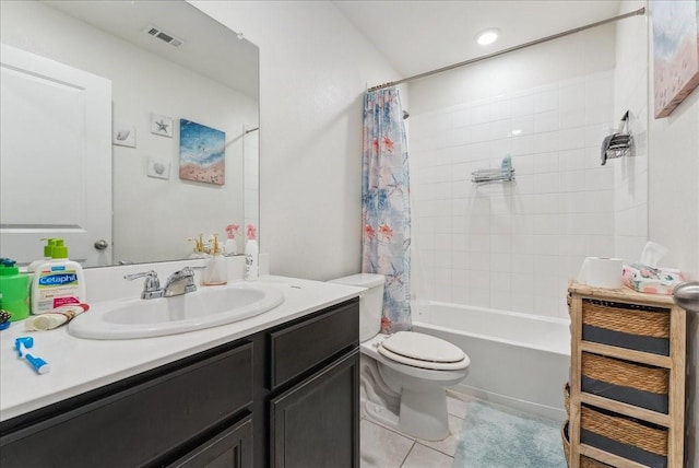 2408 Anton Dr, Forney, TX 75126 - full bath featuring toilet, shower / bath combo, tile patterned floors, visible vents, and vanity