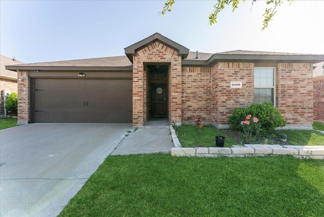 2408 Anton Dr, Forney, TX 75126 - ranch-style house with a front lawn, brick siding, driveway, and a garage