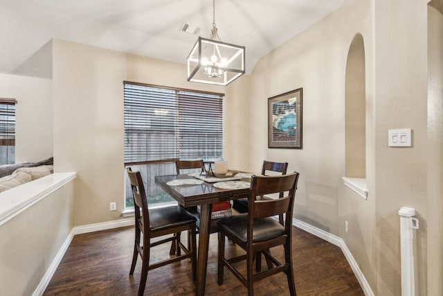 7204 Vanderbilt Dr, Mckinney, TX 75072 - dining space with a chandelier, baseboards, dark wood-style floors, and lofted ceiling
