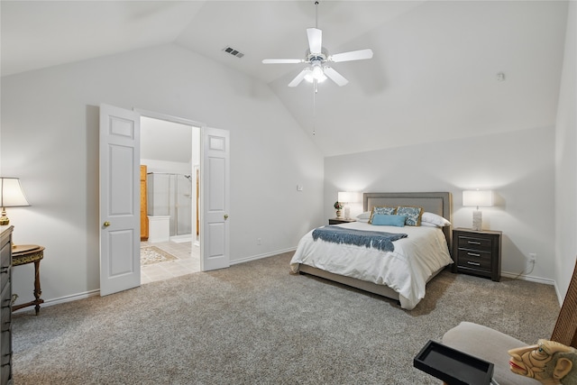 3861 Navarro Way, Frisco, TX 75034 - carpeted bedroom with baseboards, ensuite bath, visible vents, and vaulted ceiling