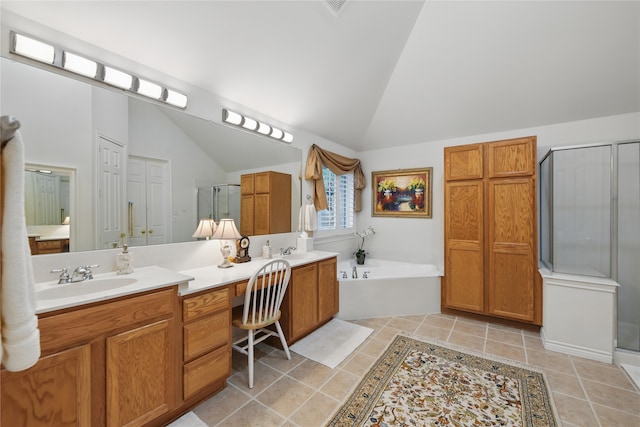 3861 Navarro Way, Frisco, TX 75034 - bathroom featuring vaulted ceiling, a shower stall, and a sink