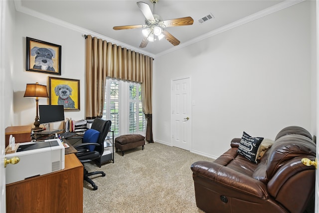 3861 Navarro Way, Frisco, TX 75034 - carpeted home office with ornamental molding, a ceiling fan, and baseboards