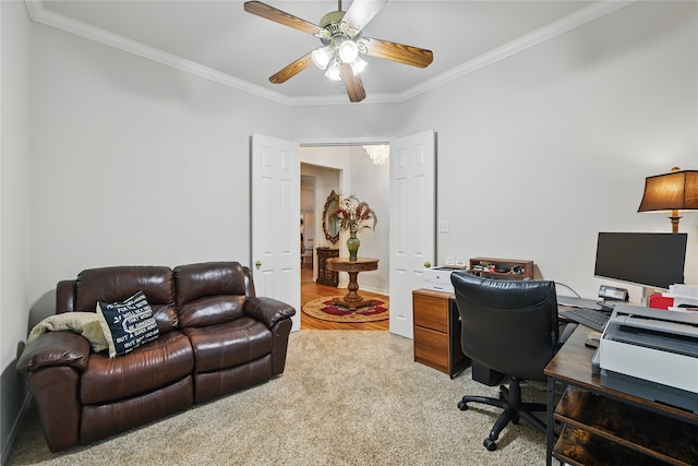 3861 Navarro Way, Frisco, TX 75034 - office featuring a ceiling fan, carpet flooring, crown molding, and baseboards