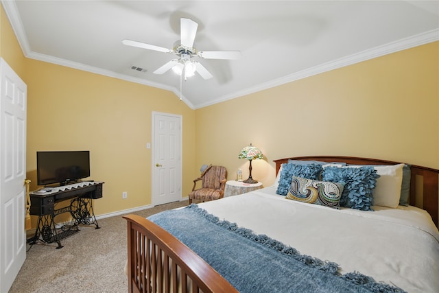 3861 Navarro Way, Frisco, TX 75034 - carpeted bedroom featuring a ceiling fan, baseboards, ornamental molding, visible vents, and vaulted ceiling