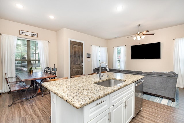 kitchen with a sink, plenty of natural light, light wood-style floors, stainless steel dishwasher, and recessed lighting