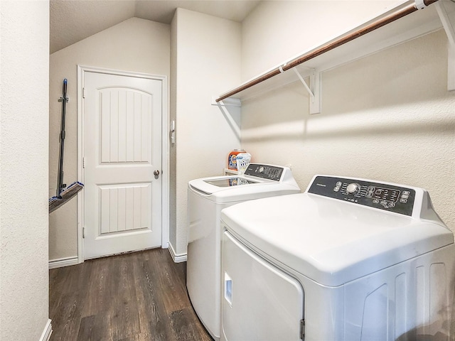 601 Bassett Hall Rd, Fate, TX 75189 - laundry room featuring baseboards, washing machine and dryer, laundry area, and dark wood-type flooring