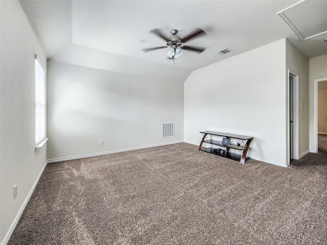 601 Bassett Hall Rd, Fate, TX 75189 - empty room with carpet flooring, attic access, visible vents, and a ceiling fan