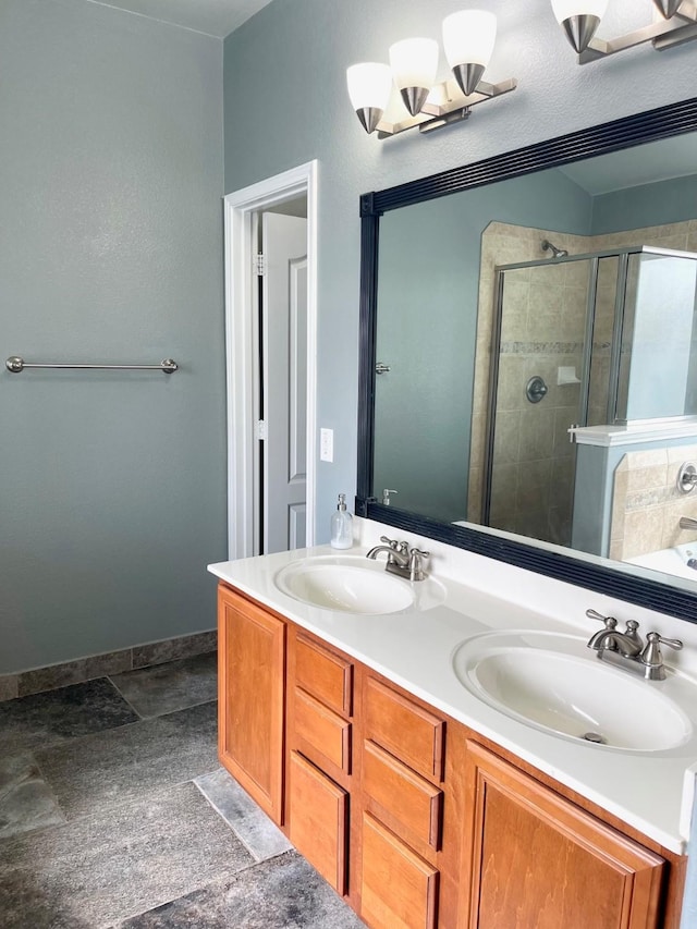 7125 Cotton Seed Dr, Mckinney, TX 75070 - full bathroom with a stall shower, double vanity, a bath, and baseboards