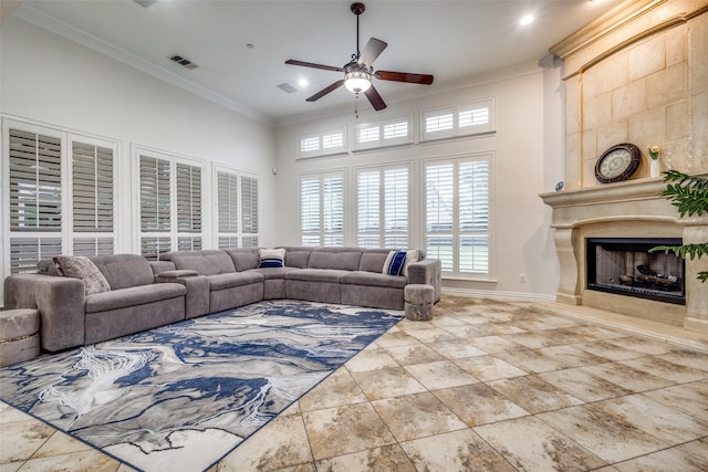 2204 Aberdeen Dr, Trophy Club, TX 76262 - living area featuring ornamental molding, a ceiling fan, a premium fireplace, baseboards, and recessed lighting