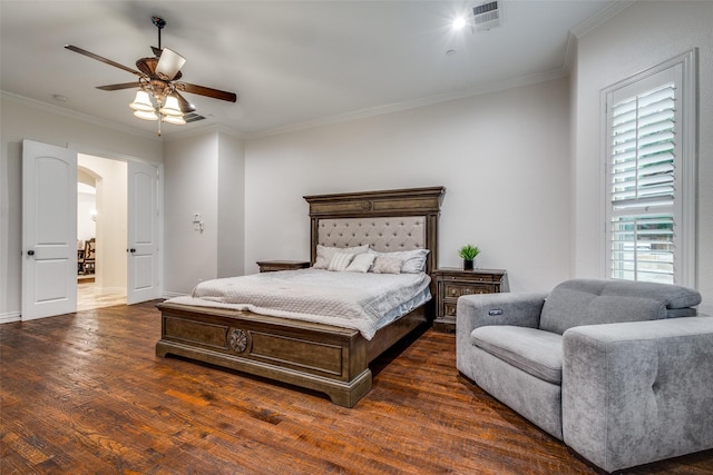 2204 Aberdeen Dr, Trophy Club, TX 76262 - bedroom featuring arched walkways, ornamental molding, wood finished floors, and ceiling fan