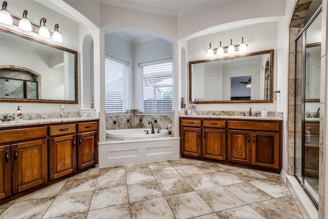 2204 Aberdeen Dr, Trophy Club, TX 76262 - bathroom with ornamental molding, a stall shower, a garden tub, and two vanities