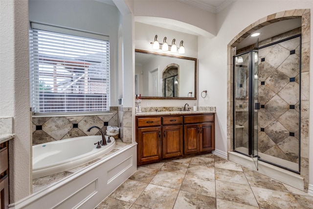 2204 Aberdeen Dr, Trophy Club, TX 76262 - bathroom featuring ornamental molding, vanity, a stall shower, and a bath