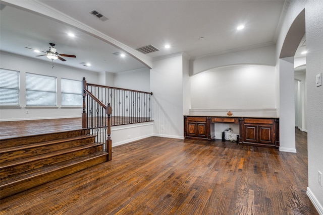 2204 Aberdeen Dr, Trophy Club, TX 76262 - interior space with ceiling fan, dark wood-style flooring, ornamental molding, arched walkways, and recessed lighting