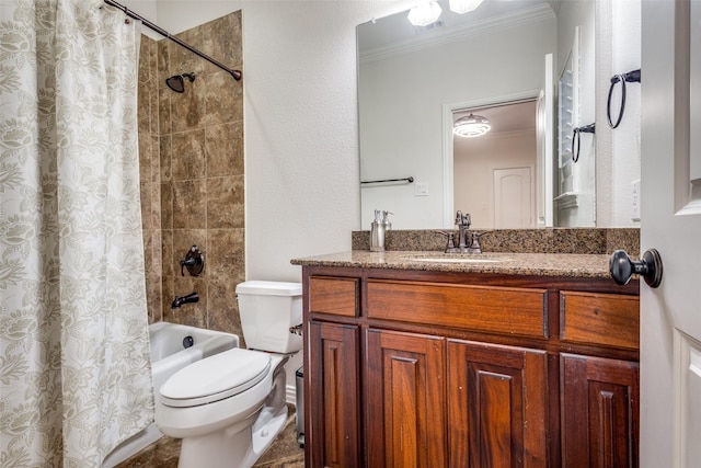 2204 Aberdeen Dr, Trophy Club, TX 76262 - bathroom with ornamental molding, toilet, shower / bathtub combination with curtain, and vanity