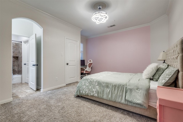 2204 Aberdeen Dr, Trophy Club, TX 76262 - carpeted bedroom with arched walkways, crown molding, and baseboards