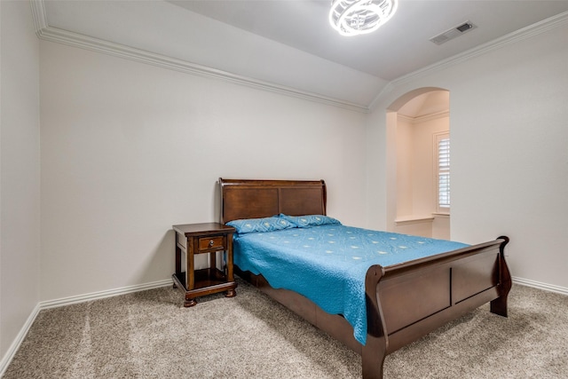 2204 Aberdeen Dr, Trophy Club, TX 76262 - carpeted bedroom with arched walkways, ornamental molding, baseboards, and vaulted ceiling