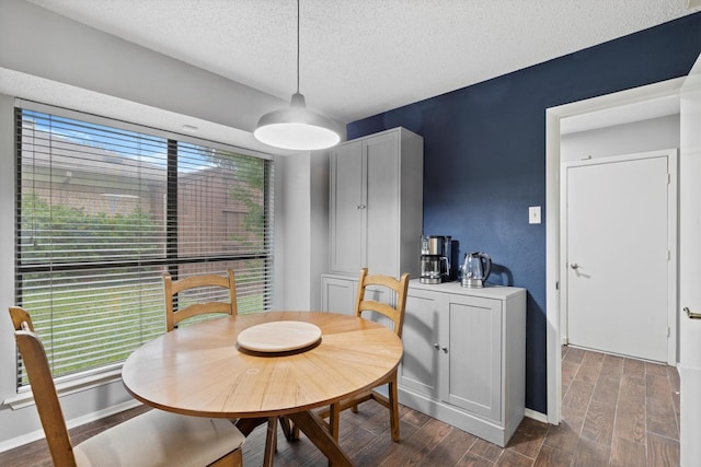dining space featuring plenty of natural light, dark wood finished floors, a textured ceiling, and baseboards