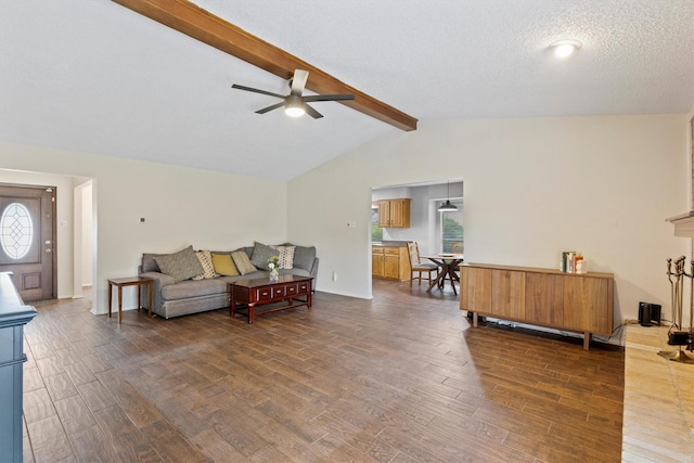 living area with ceiling fan and dark wood-style flooring