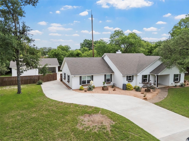 view of front of house featuring concrete driveway, a shingled roof, and a chimney