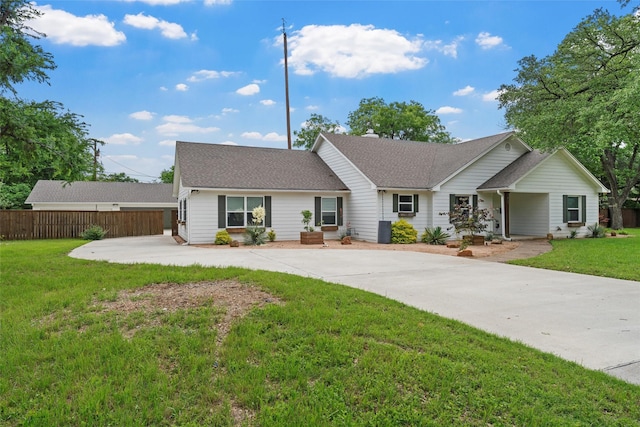 single story home with driveway and roof with shingles