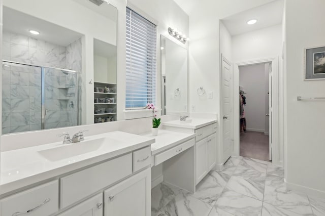 1405 Chickadee Dr, Argyle, TX 76226 - bathroom with marble finish flooring, vanity, a shower stall, a walk in closet, and baseboards