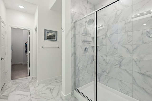 1405 Chickadee Dr, Argyle, TX 76226 - full bathroom featuring a stall shower, marble finish flooring, baseboards, and recessed lighting