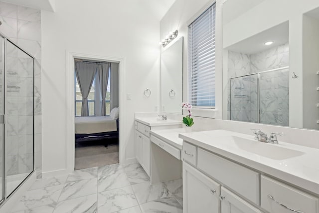 1405 Chickadee Dr, Argyle, TX 76226 - ensuite bathroom with marble look tile flooring, vanity, a shower stall, and baseboards