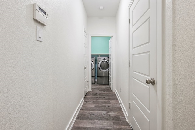 1405 Chickadee Dr, Argyle, TX 76226 - hall featuring washing machine and clothes dryer, dark wood-style flooring, baseboards, and a textured wall