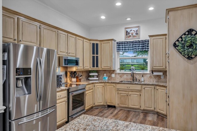 kitchen featuring appliances with stainless steel finishes, light brown cabinets, dark wood-style flooring, light stone countertops, and a sink