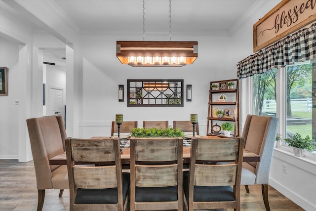 dining space with a chandelier, ornamental molding, healthy amount of natural light, and wood finished floors