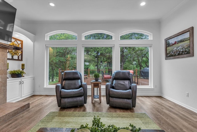 sitting room featuring ornamental molding, wood finished floors, baseboards, and recessed lighting
