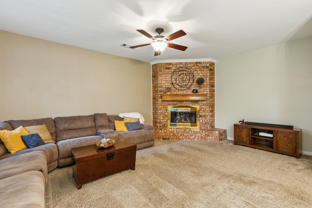 carpeted living room with a ceiling fan and a fireplace
