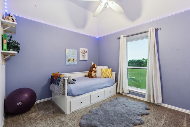 bedroom featuring carpet, ceiling fan, and baseboards