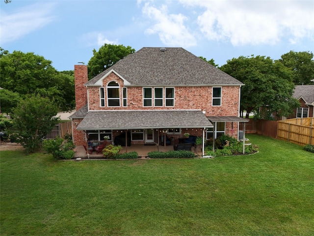 5604 Frost Ln, Flower Mound, TX 75028 - rear view of property featuring a chimney, a patio, roof with shingles, a fenced backyard, and brick siding