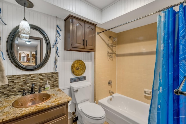 bathroom with shower / bath combo, toilet, vanity, and decorative backsplash