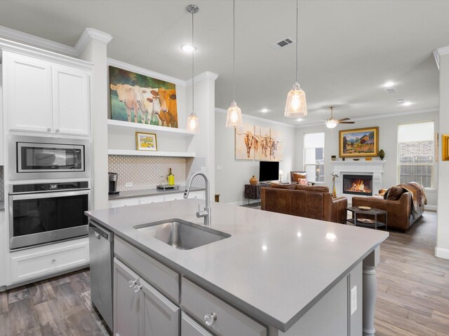 2209 Trace Ridge Dr, Weatherford, TX 76087 - kitchen with stainless steel appliances, a sink, plenty of natural light, ceiling fan, and ornamental molding