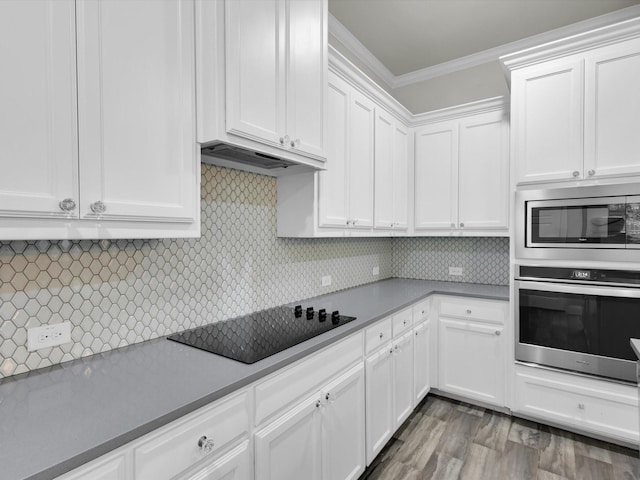 2209 Trace Ridge Dr, Weatherford, TX 76087 - kitchen featuring stainless steel appliances, white cabinetry, ornamental molding, decorative backsplash, and under cabinet range hood