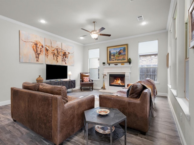 2209 Trace Ridge Dr, Weatherford, TX 76087 - living area featuring a ceiling fan, ornamental molding, baseboards, a lit fireplace, and dark wood-type flooring