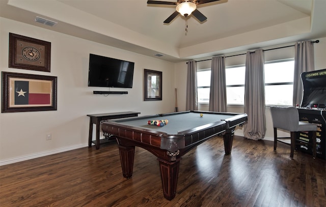 4625 Man O War Rd, Carrollton, TX 75010 - game room with a raised ceiling, ceiling fan, dark wood-style floors, baseboards, and billiards table