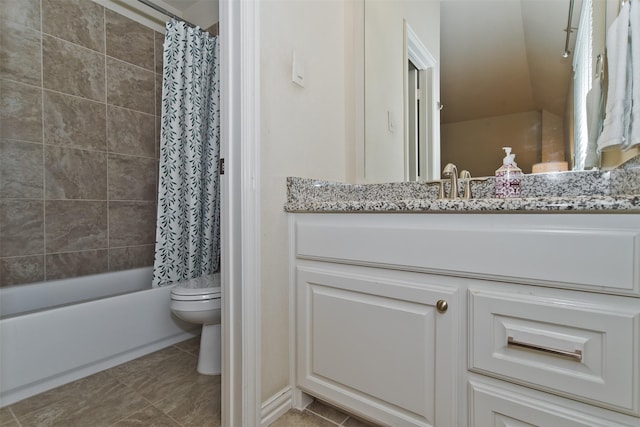 4625 Man O War Rd, Carrollton, TX 75010 - bathroom with toilet, shower / bath combination with curtain, vanity, and tile patterned flooring