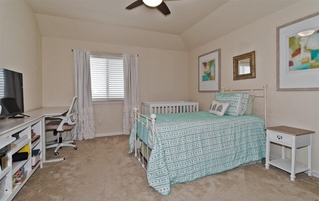 4625 Man O War Rd, Carrollton, TX 75010 - bedroom featuring carpet floors, a desk, baseboards, ceiling fan, and vaulted ceiling