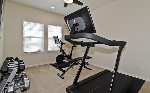 4625 Man O War Rd, Carrollton, TX 75010 - exercise room with ceiling fan, carpet flooring, and baseboards