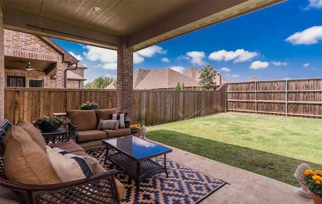 4625 Man O War Rd, Carrollton, TX 75010 - view of patio / terrace featuring an outdoor living space and ceiling fan