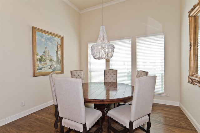 4625 Man O War Rd, Carrollton, TX 75010 - dining area featuring a chandelier, baseboards, crown molding, and dark wood-type flooring