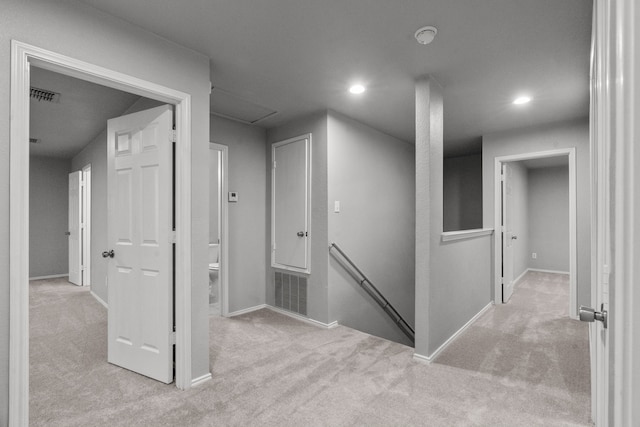 2720 Ocaso Dr, Little Elm, TX 75068 - hall with an upstairs landing, carpet flooring, recessed lighting, and baseboards